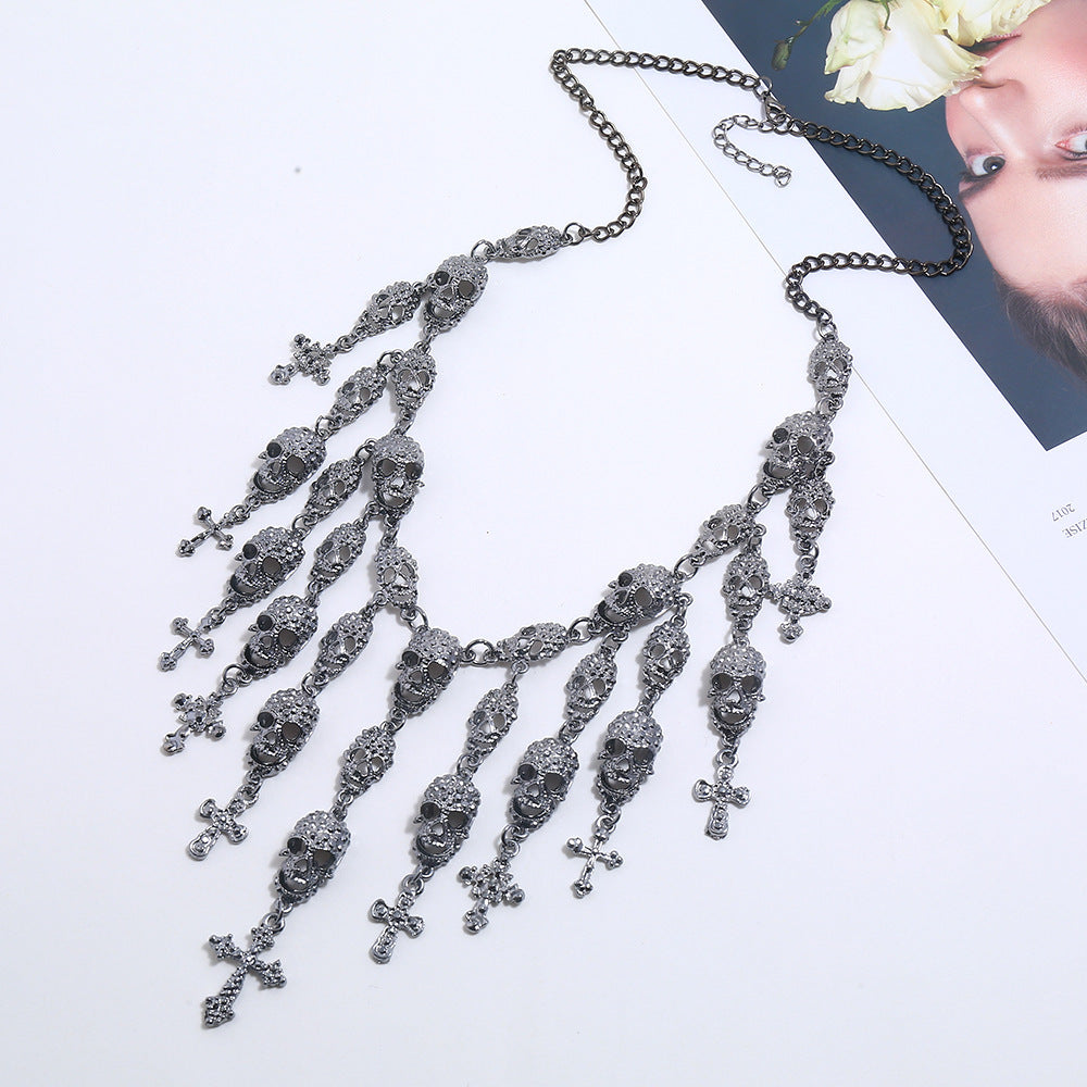 Exaggerated Jewelry Fashion Big Name Skull Cross Tassel Necklace