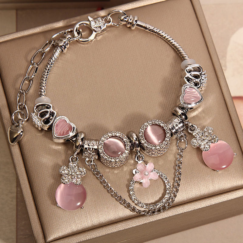 Women's Mori Style Pink Cat's Eye Cute Flowers Pendant Bracelet