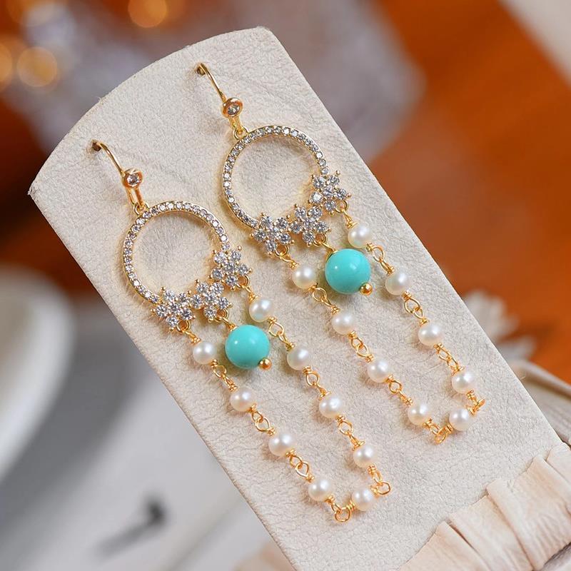 Gorgeous Sterling Silver Pearl Turquoise Ear Fashion Social Goddess Temperament Hipster Ear Shape