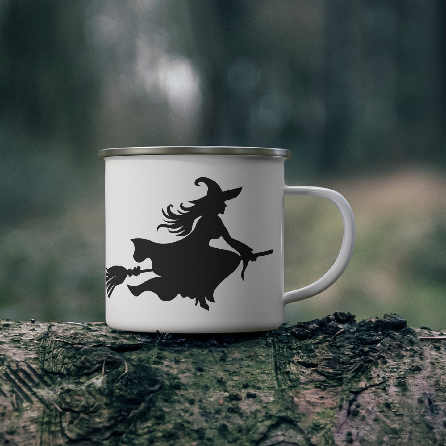 Charming Witch Silhouette Enamel Camping Mug, Perfect for Camping, Halloween Decor, Travel Mug, Gift for Witches, Outdoor Adventure