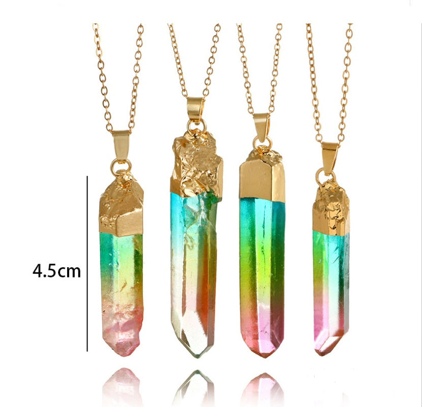Original stone cylindrical mixed color crystal gold rim single ring pendant necklace