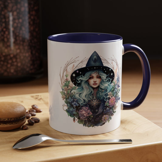 Mystical Floral Witch Coffee Mug with Accent, Gift for Witches, Unique Boho Kitchen Decor, Tea Lover's Mug, Magical Drinkware
