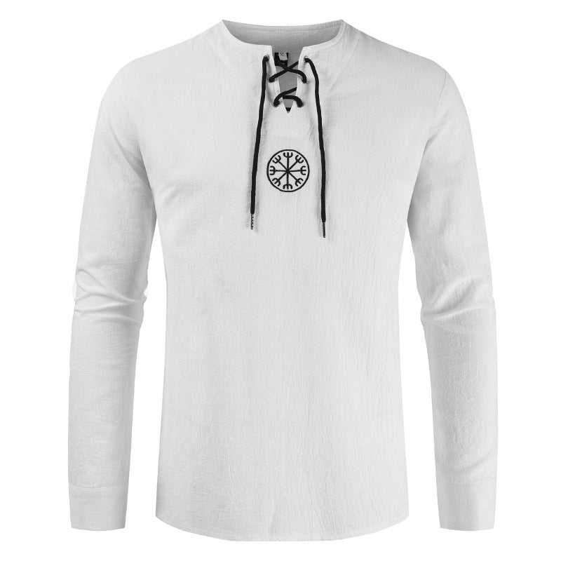 Cotton and linen printed solid color large size medieval shirt