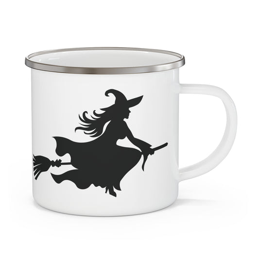 Charming Witch Silhouette Enamel Camping Mug, Perfect for Camping, Halloween Decor, Travel Mug, Gift for Witches, Outdoor Adventure