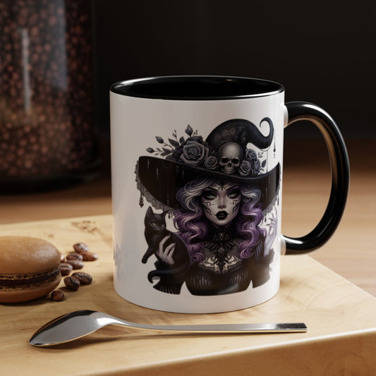 Witchy Accent Coffee Mug: Enchanting Black Cat & Skull Design, Spooky Gift for Halloween, Witchcraft Lover, Home Decor, Coffee Lover