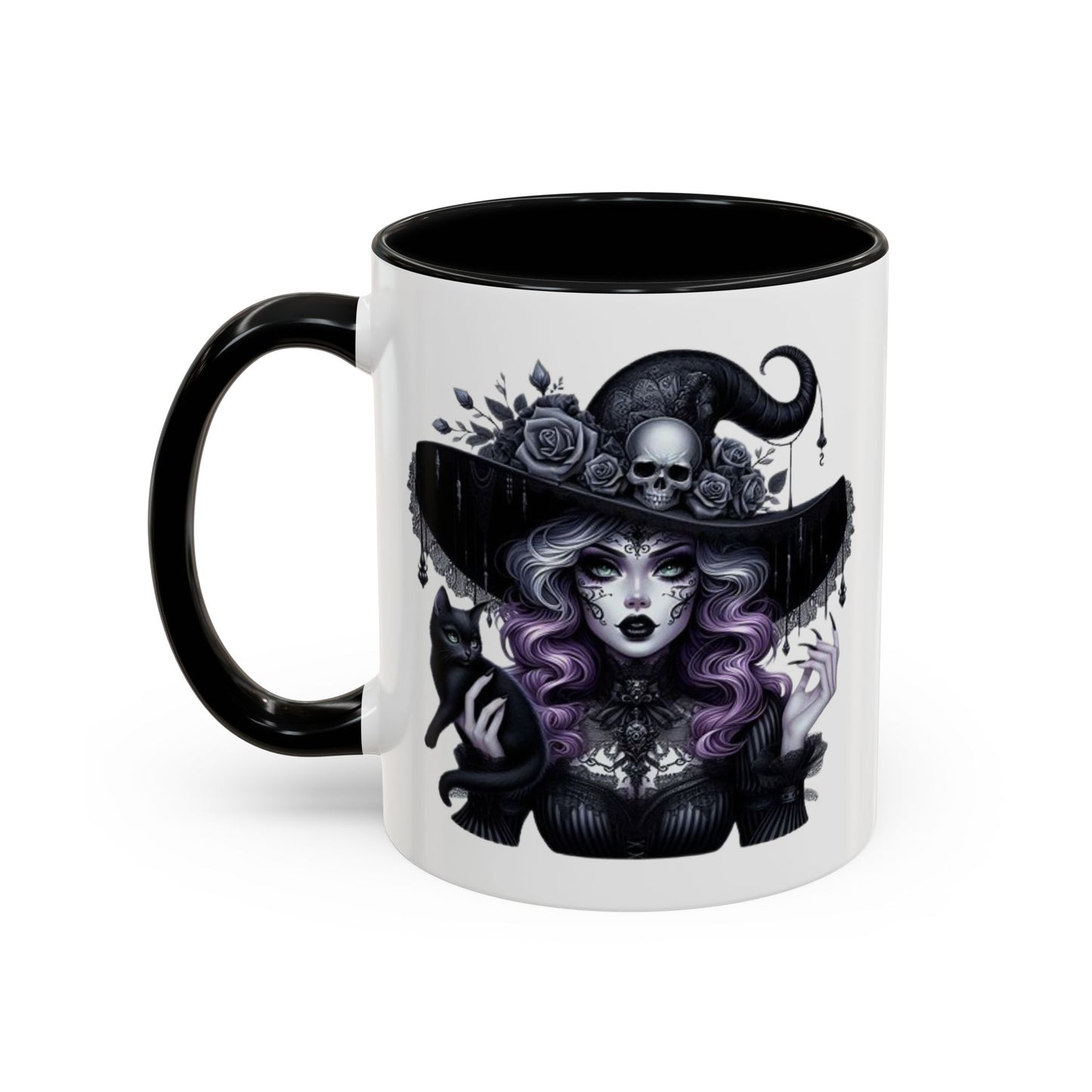 Witchy Accent Coffee Mug: Enchanting Black Cat & Skull Design, Spooky Gift for Halloween, Witchcraft Lover, Home Decor, Coffee Lover