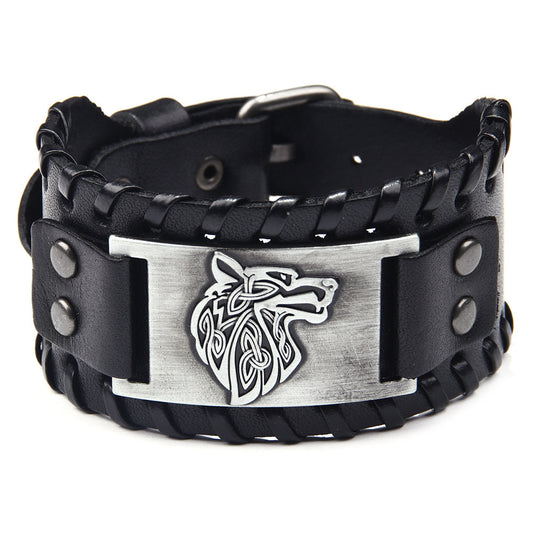 Men's Wolf Head Wide Leather Bracelet