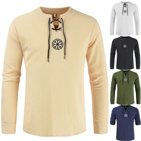 Cotton and linen printed solid color large size medieval shirt