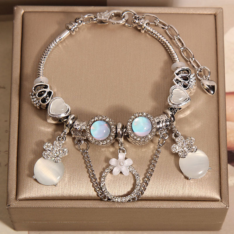 Women's Mori Style Pink Cat's Eye Cute Flowers Pendant Bracelet