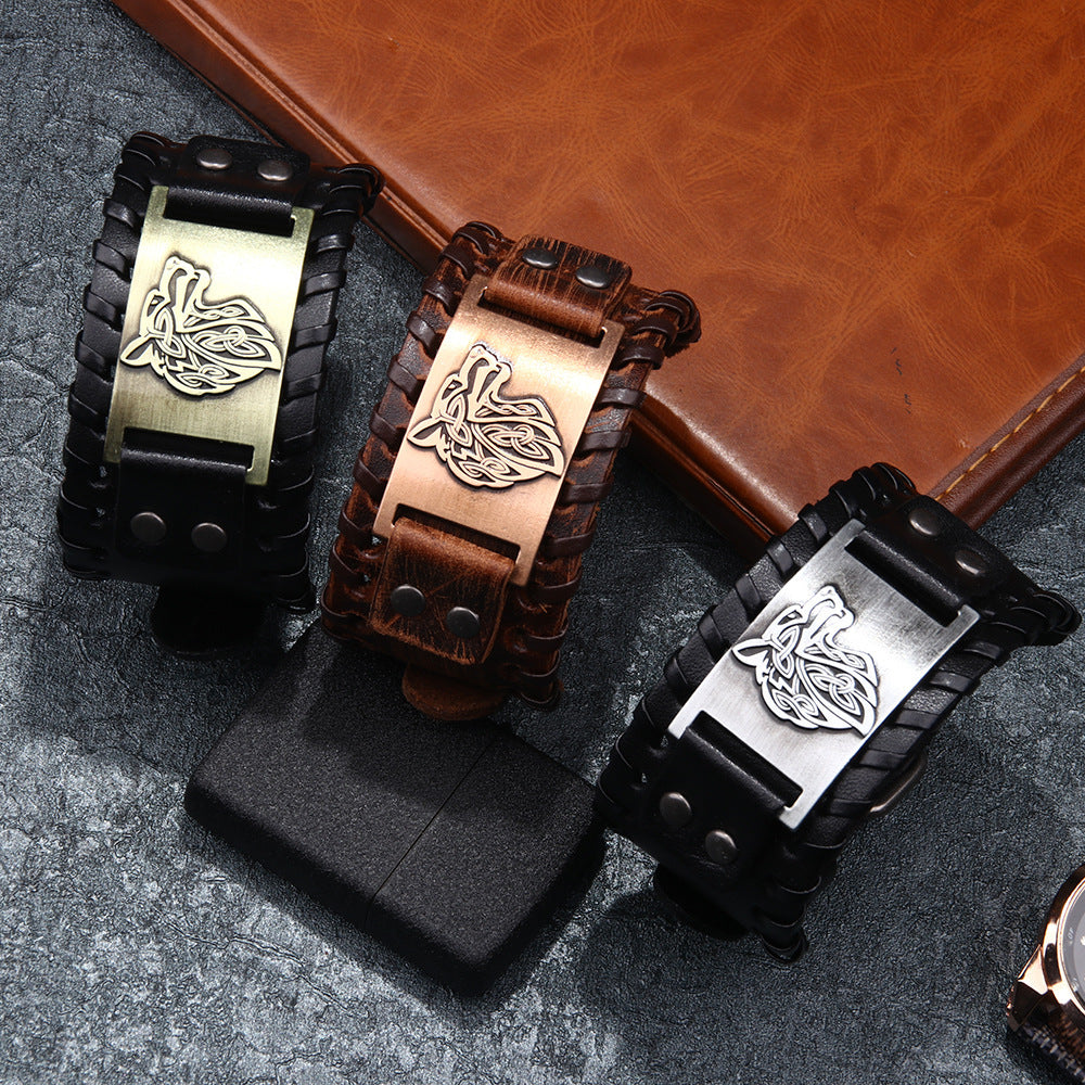 Men's Wolf Head Wide Leather Bracelet