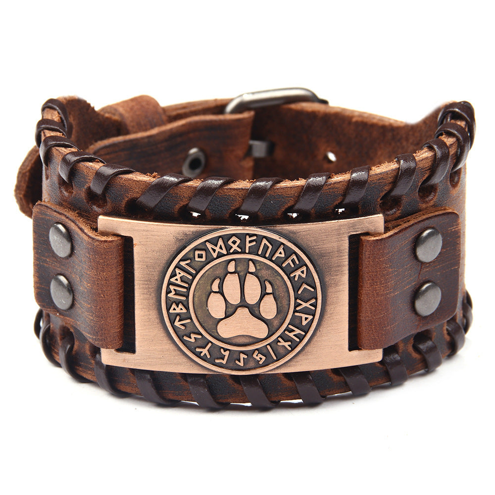 Men's Wolf Head Wide Leather Bracelet