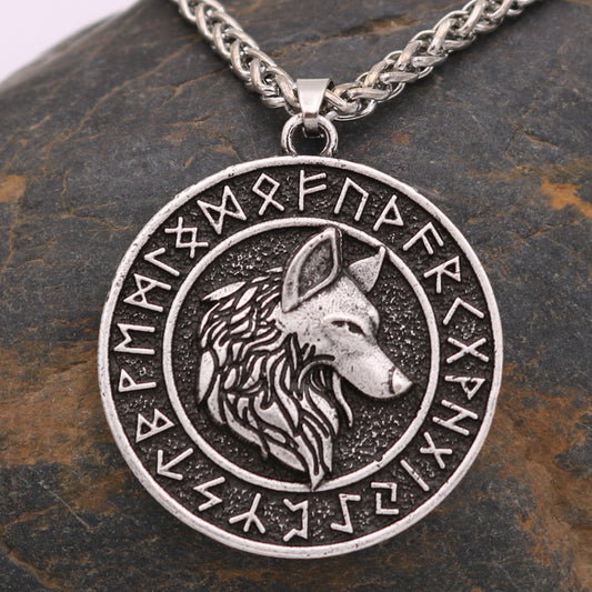 Viking Wolf Head Rune Necklace Metal Men's Pendant