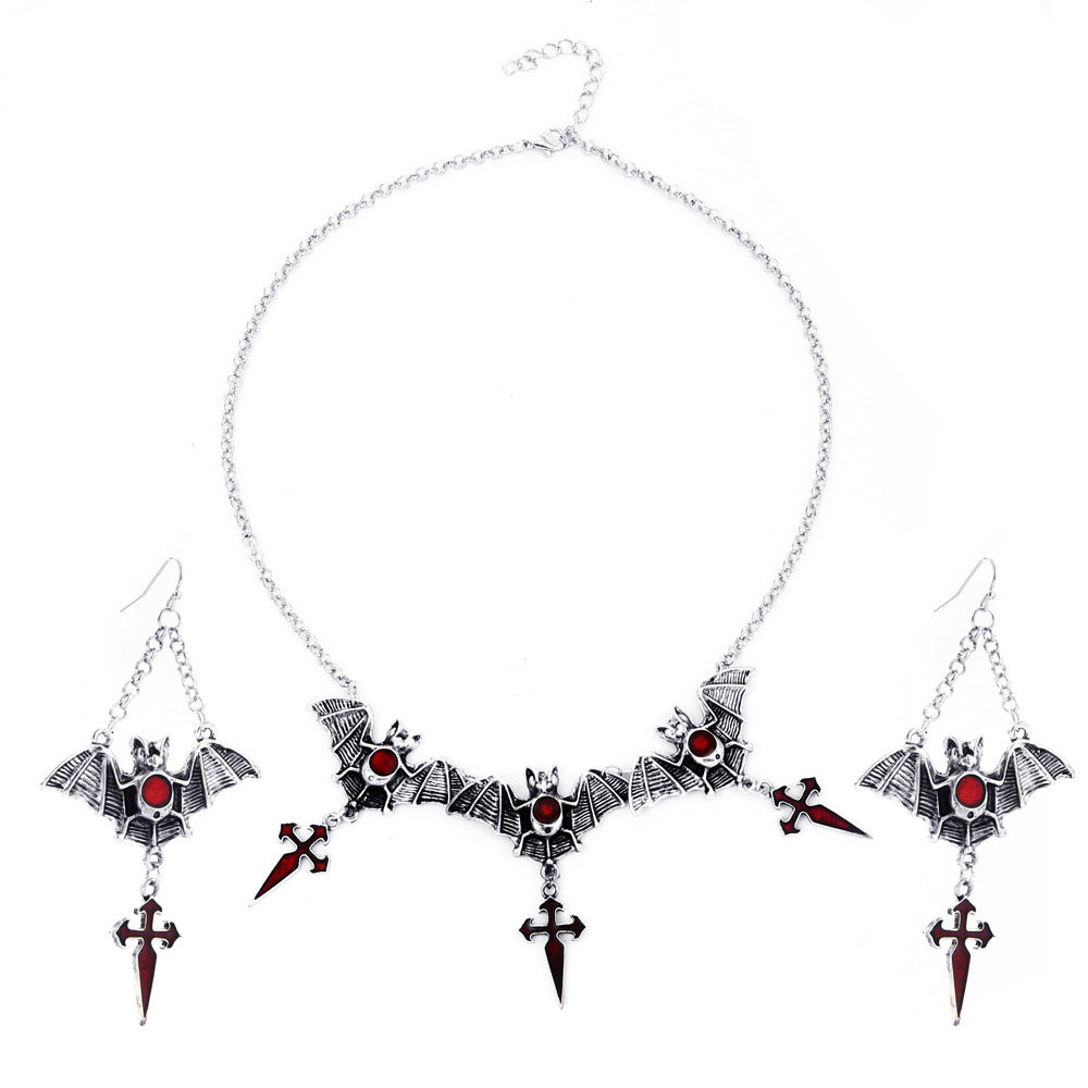 Gothic Exaggerated Black Bat Necklace Set