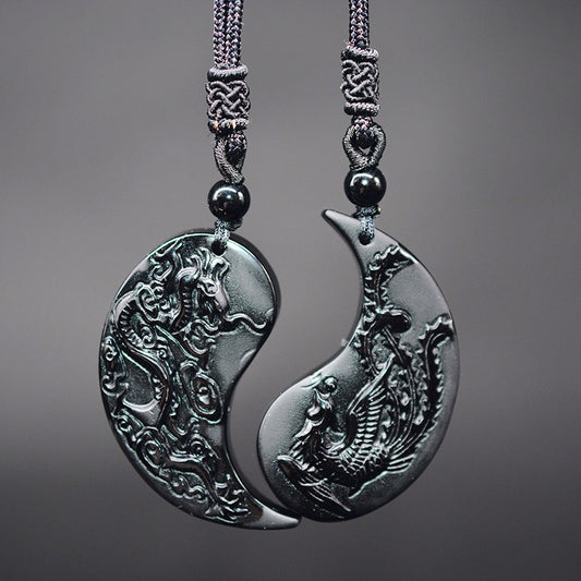Obsidian Dragon Phoenix Pair Pendant For Lovers