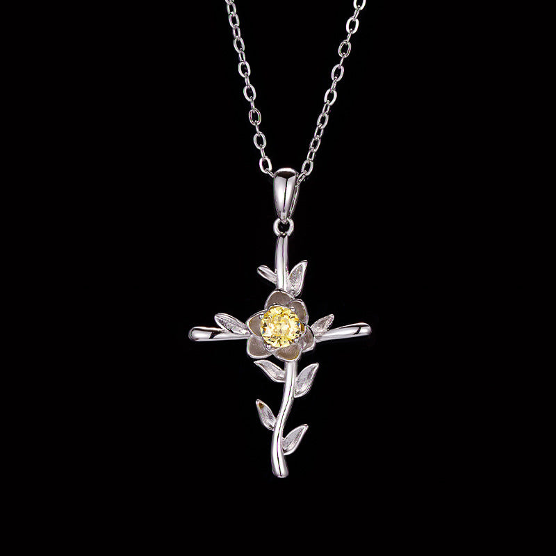 Cross Rose Pendant Birthstone Necklace Citrine Jewelry