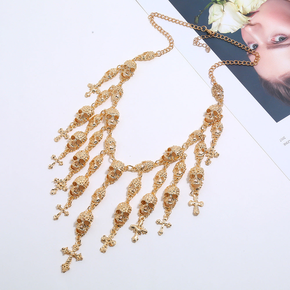 Exaggerated Jewelry Fashion Big Name Skull Cross Tassel Necklace