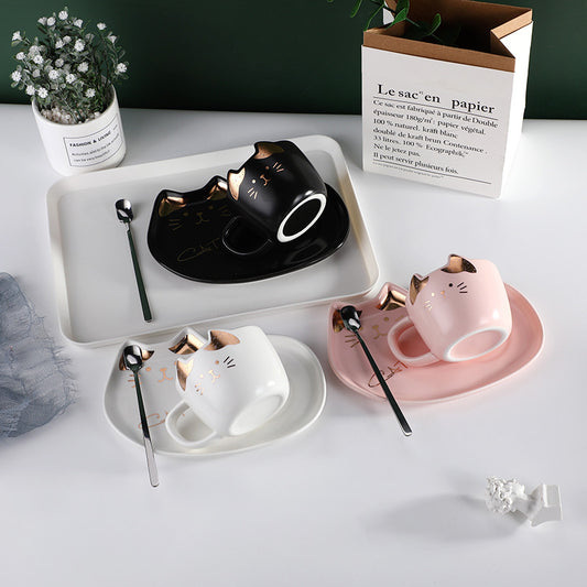 Dessin animé chat tasse et ensemble de vaisselle, tasse à café et tasse