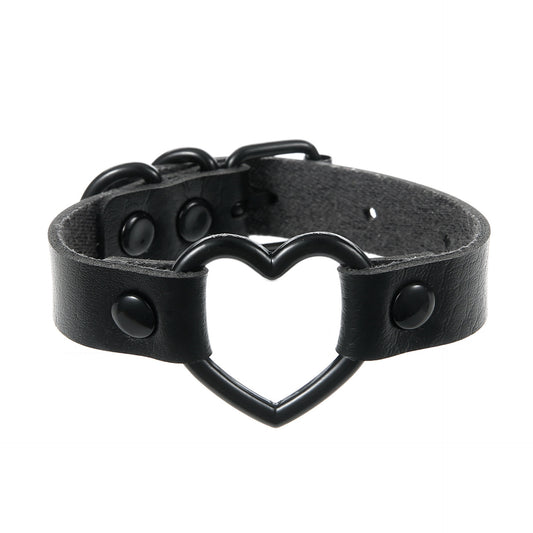 Punk Trendy Cool Dark Peach Heart Hand Ring Bracelet Personality Couple Love Heart-shaped Hollow Leather Bracelet Bracelet
