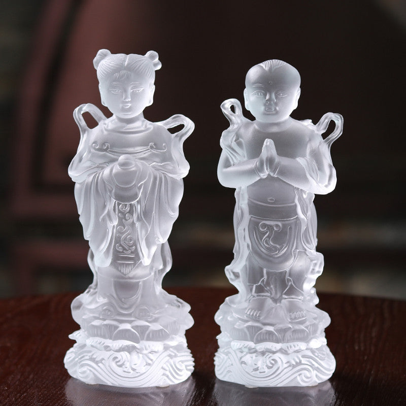 Verre coloré Envoi Fils Avalokitesvara Bouddha Statue Golden Boy Et Jade Fille Ornement