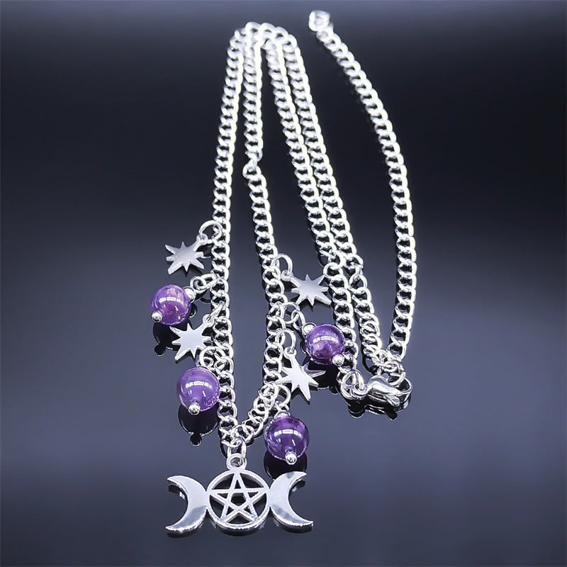 Triple Moon Goddess Five-pointed Star Necklace Stainless Steel