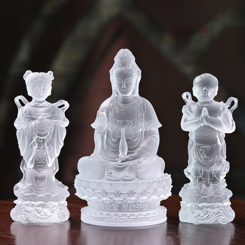 Verre coloré Envoi Fils Avalokitesvara Bouddha Statue Golden Boy Et Jade Fille Ornement