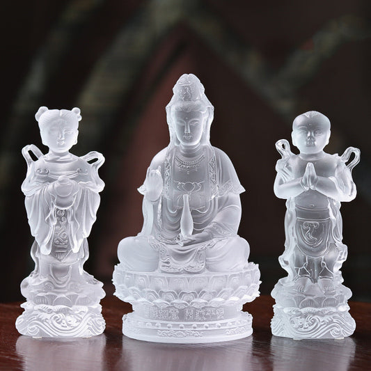 Verre coloré Envoi Fils Avalokitesvara Bouddha Statue Golden Boy Et Jade Fille Ornement