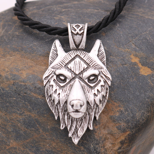 Viking Wolf Head Metal Necklace Luna Rune Amulet