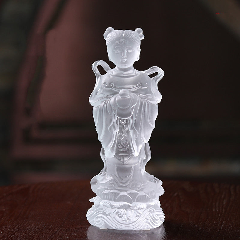 Verre coloré Envoi Fils Avalokitesvara Bouddha Statue Golden Boy Et Jade Fille Ornement