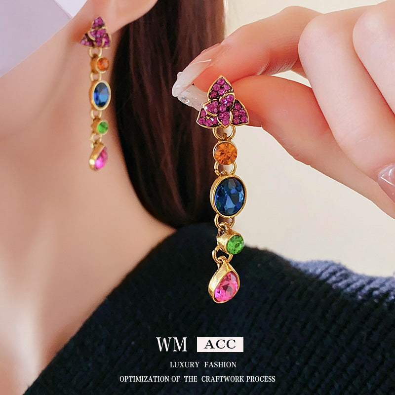 Retro High-grade French Color Diamond Water Drop Flower Earrings