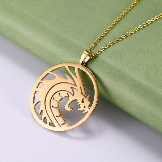 Zodiac Dragon Stainless Steel Round Plate Plating Necklace