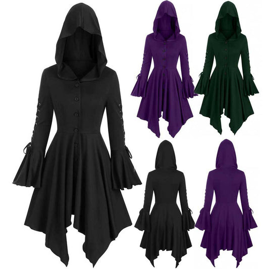 Vintage Female Gothic Hooded Dress Cloak Punk Witch Coat Lace Up Irregular Hem Lotus Sleeve