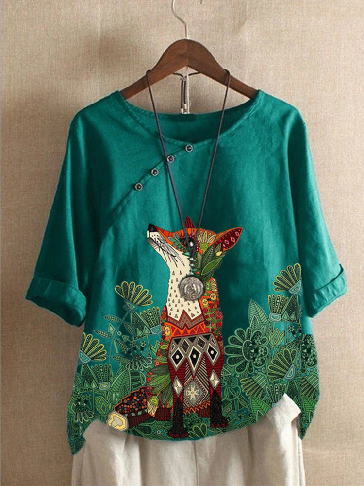Wolf Head Printed Cotton And Linen T-shirt