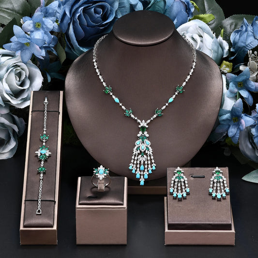 Ensemble de bijoux Turquoise dubaï exquis, pour mariage, fête de mariage, ensemble de 4 pièces d'accessoires, nouvelle collection 2025