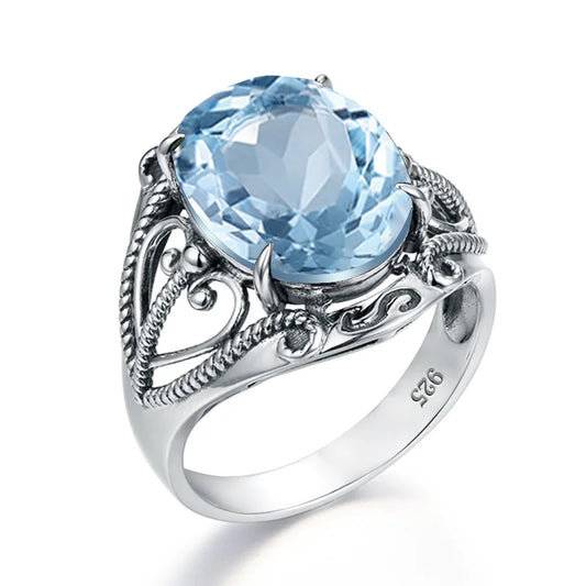 Bohemian 925 Silver Ring Round Blue Topaz Gemstone Crystal  Prong Setting Sterling Silver Jewelry Rings Women