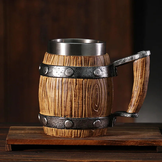 Medieval Resin Mug Germany Beer Barrel Cup Set Souvenir Bar Tools Stainless Steel Tankard Imitation Wooden Wine Bucket Cup
