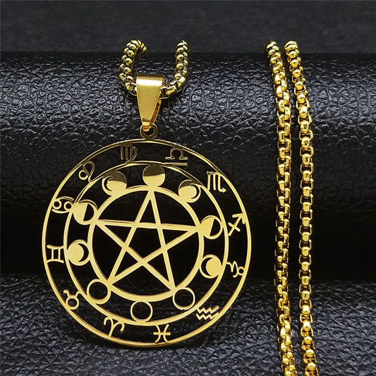 Collier Pentagramme en Acier Inoxydable pour Homme et Femme, 12 Constellations, Phase de Lune, Bijoux de la raq