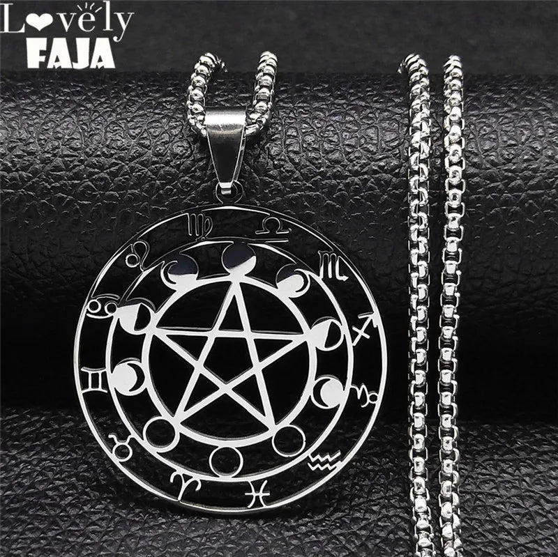 Colliers de la présidence en acier inoxydable, 12 constellations, pentagramme de sorcellerie, bijoux de voyage, document en argent, N6074S03