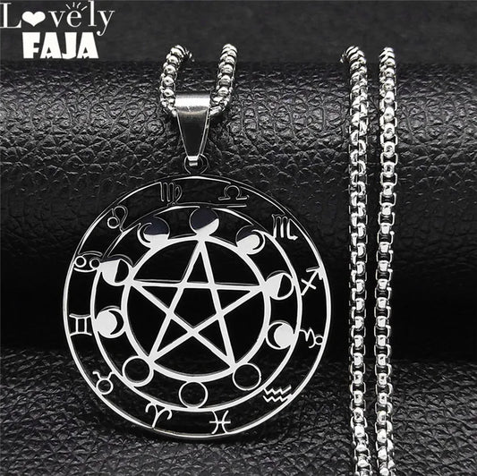 Colliers de la présidence en acier inoxydable, 12 constellations, pentagramme de sorcellerie, bijoux de voyage, document en argent, N6074S03