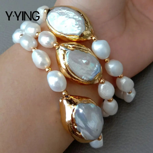 Y.YING – Bracelet de 8 pouces, 3 rangées de perles baroques blanches de culture d'eau douce, perle Keshi blanche pour mariage classique fait à la main pour femmes