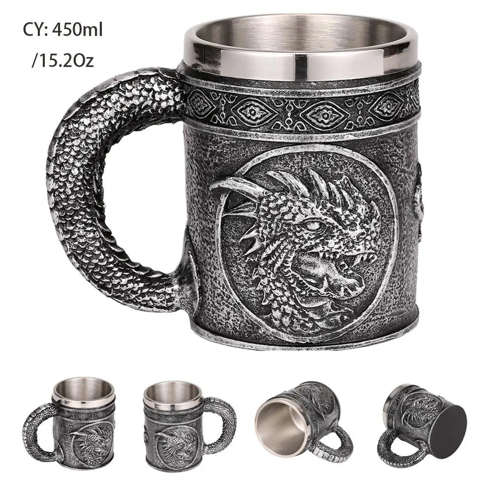 Mug en résine de Dragon maléfique argenté, en acier inoxydable, Tankard rétro, tasse à café Horrible, tasse à thé Viking, décor de Bar et de Pub, livraison directe, 450ml