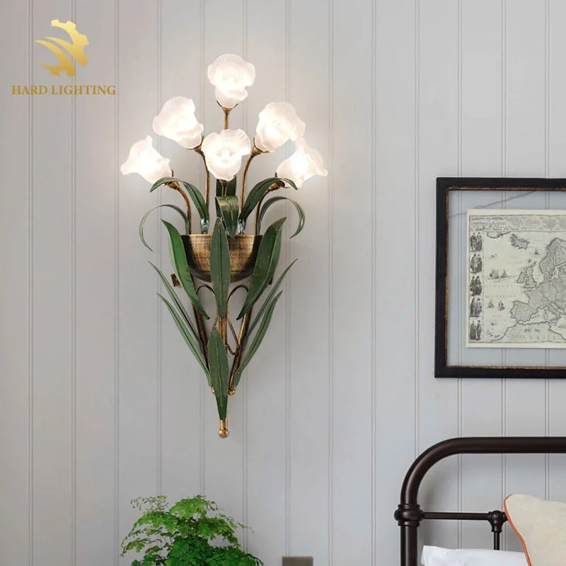 Artistic Flower Shaped LED Wall Light with Frosted Glass Shade Decorative Style for Living Room Background Iron Lamp Body