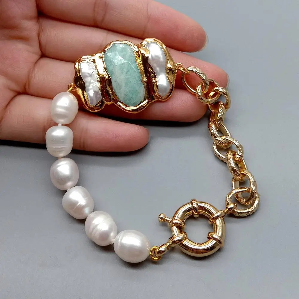 Y.YING – Bracelet de riz blanc de culture naturelle, chaîne de perles d'amazonite Biwa, style vintage 8 pouces pour femmes