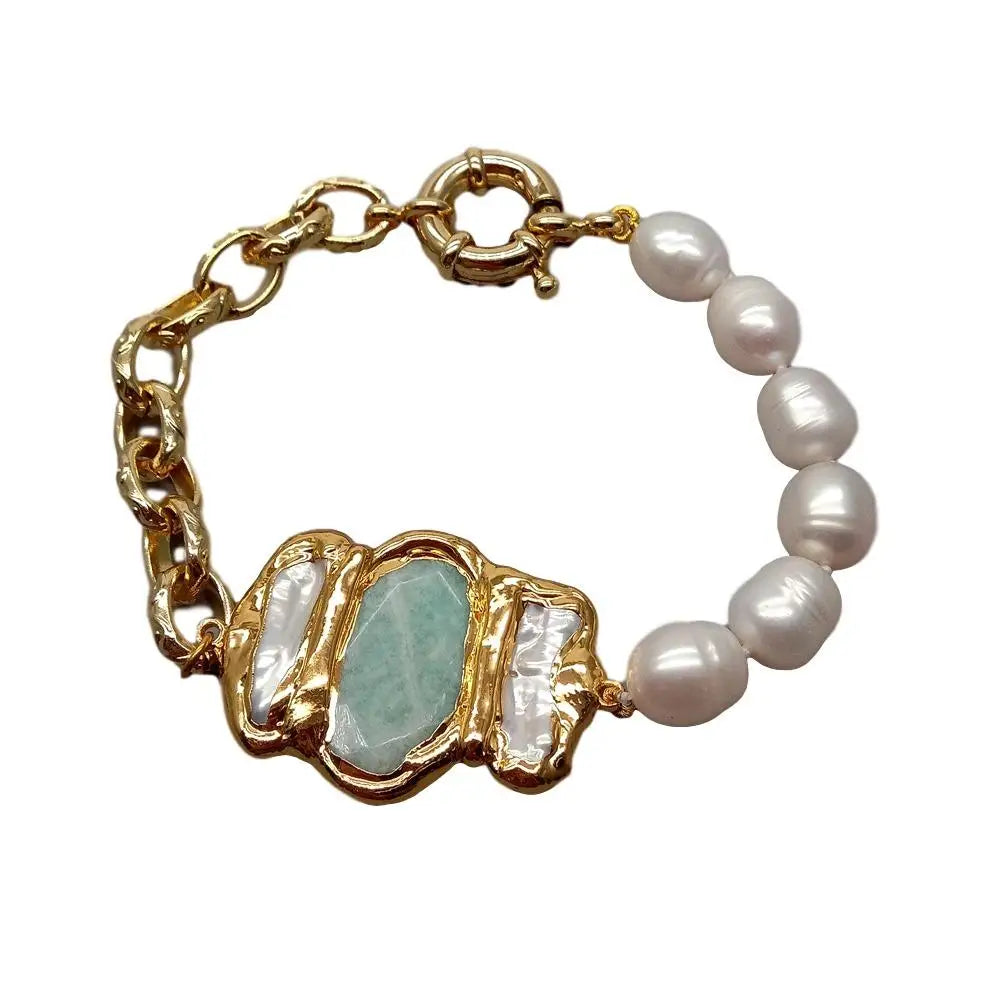 Y.YING – Bracelet de riz blanc de culture naturelle, chaîne de perles d'amazonite Biwa, style vintage 8 pouces pour femmes