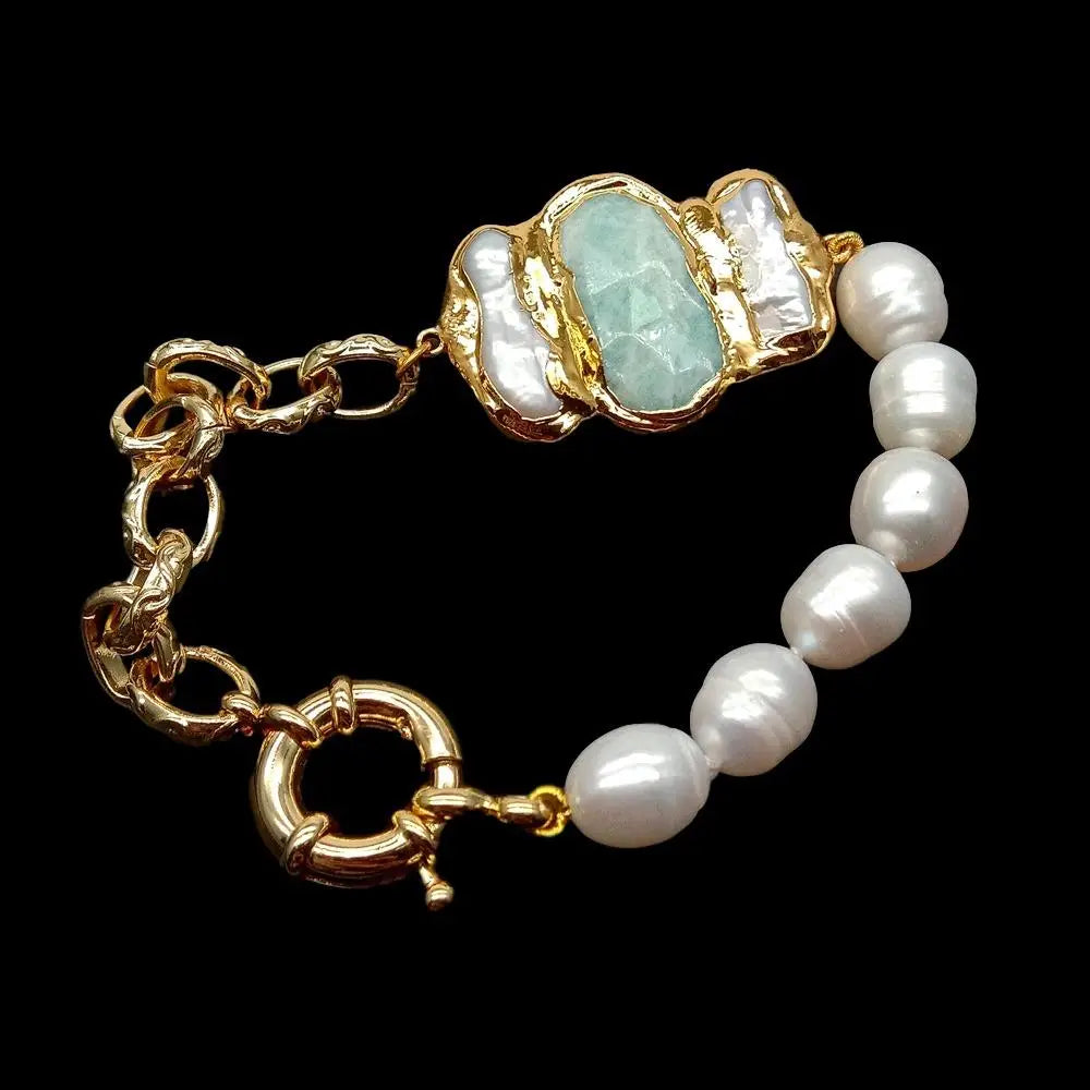 Y.YING – Bracelet de riz blanc de culture naturelle, chaîne de perles d'amazonite Biwa, style vintage 8 pouces pour femmes