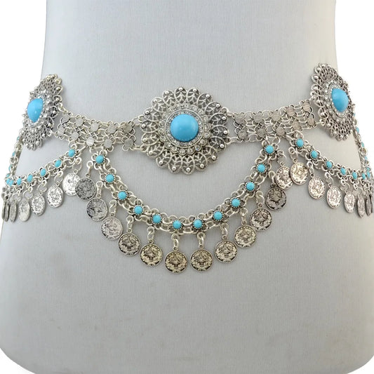 Ethnique gitane couleur métal ceinture corps chaînes Boho indien Sexy pièce gland perlé pierre danse du ventre taille chaîne tu Tribal bijoux