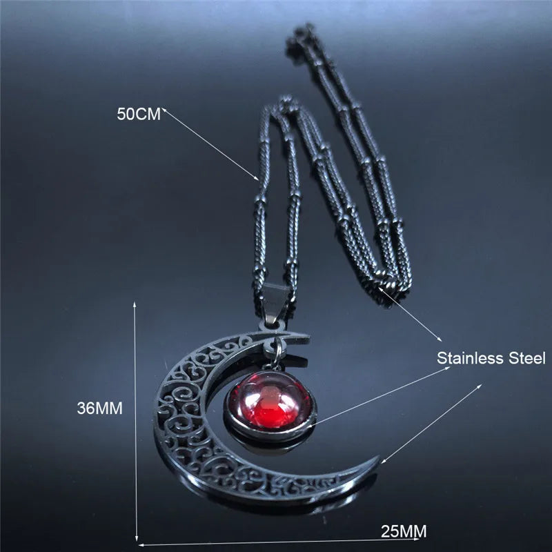 Collier Lune Noir en Acier Inoxydable pour Femme, Bijoux avec Perles de Classe Rouges