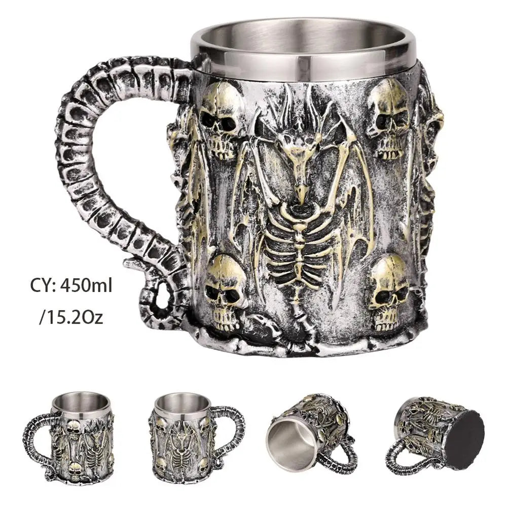 Mug en résine de Dragon maléfique argenté, en acier inoxydable, Tankard rétro, tasse à café Horrible, tasse à thé Viking, décor de Bar et de Pub, livraison directe, 450ml