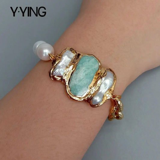 Y.YING – Bracelet de riz blanc de culture naturelle, chaîne de perles d'amazonite Biwa, style vintage 8 pouces pour femmes