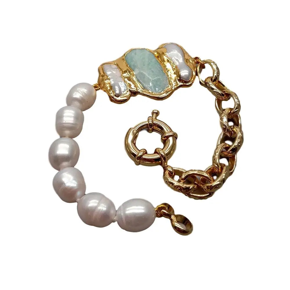 Y.YING – Bracelet de riz blanc de culture naturelle, chaîne de perles d'amazonite Biwa, style vintage 8 pouces pour femmes