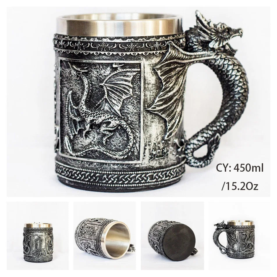 Mug en résine de Dragon maléfique argenté, en acier inoxydable, Tankard rétro, tasse à café Horrible, tasse à thé Viking, décor de Bar et de Pub, livraison directe, 450ml